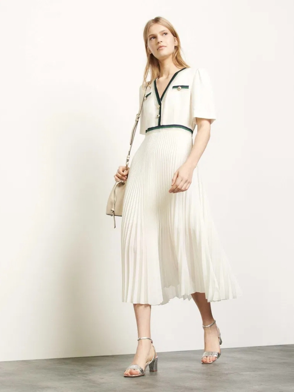 SANDRO Long Pleated Dress With Short Sleeves